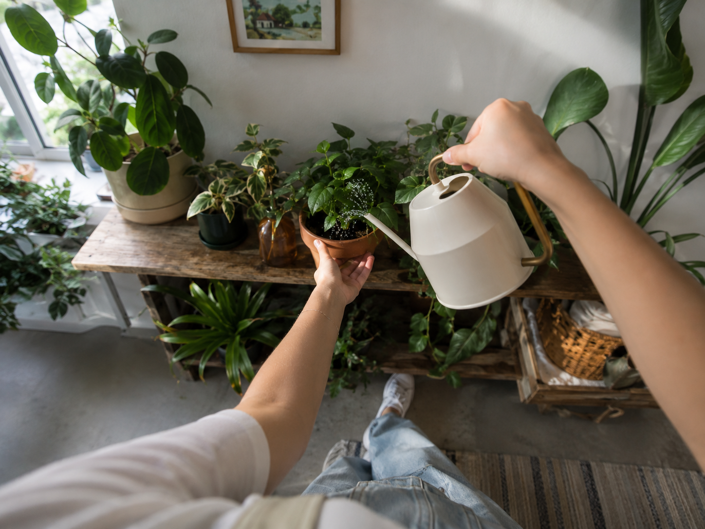 POV regando plantas con regadera blanca — tarea cotidiana para 1Futuro